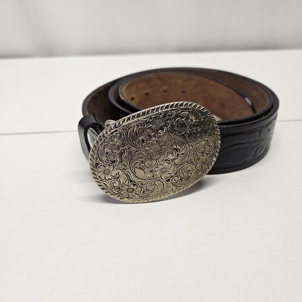 Vintage Western Black Tooled Leather Belt Floral Engraved Silver Bucklet Sz 36